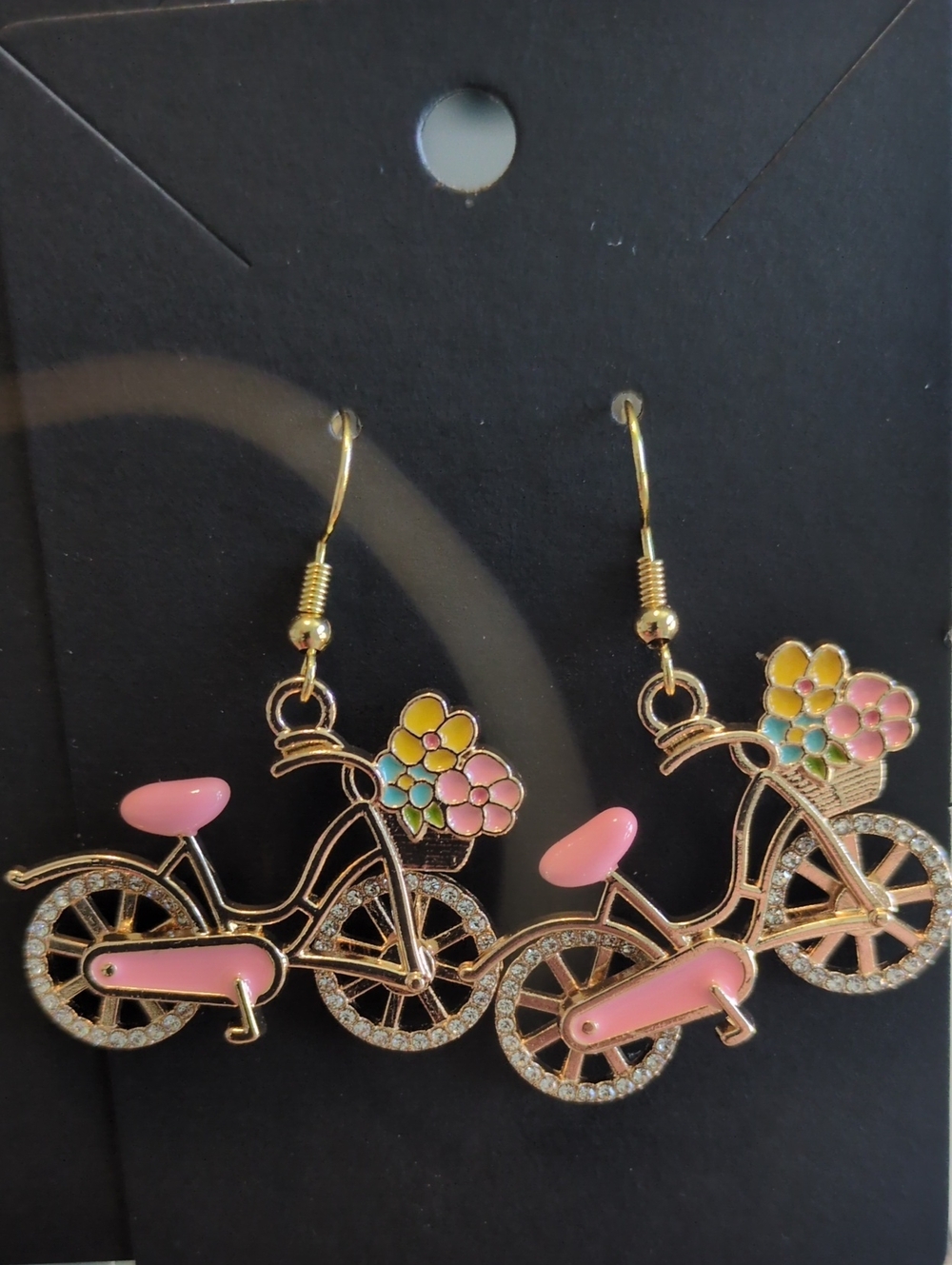 Gold-Tone Pink Bicycle Drop Earrings with Pastel Flower Accents